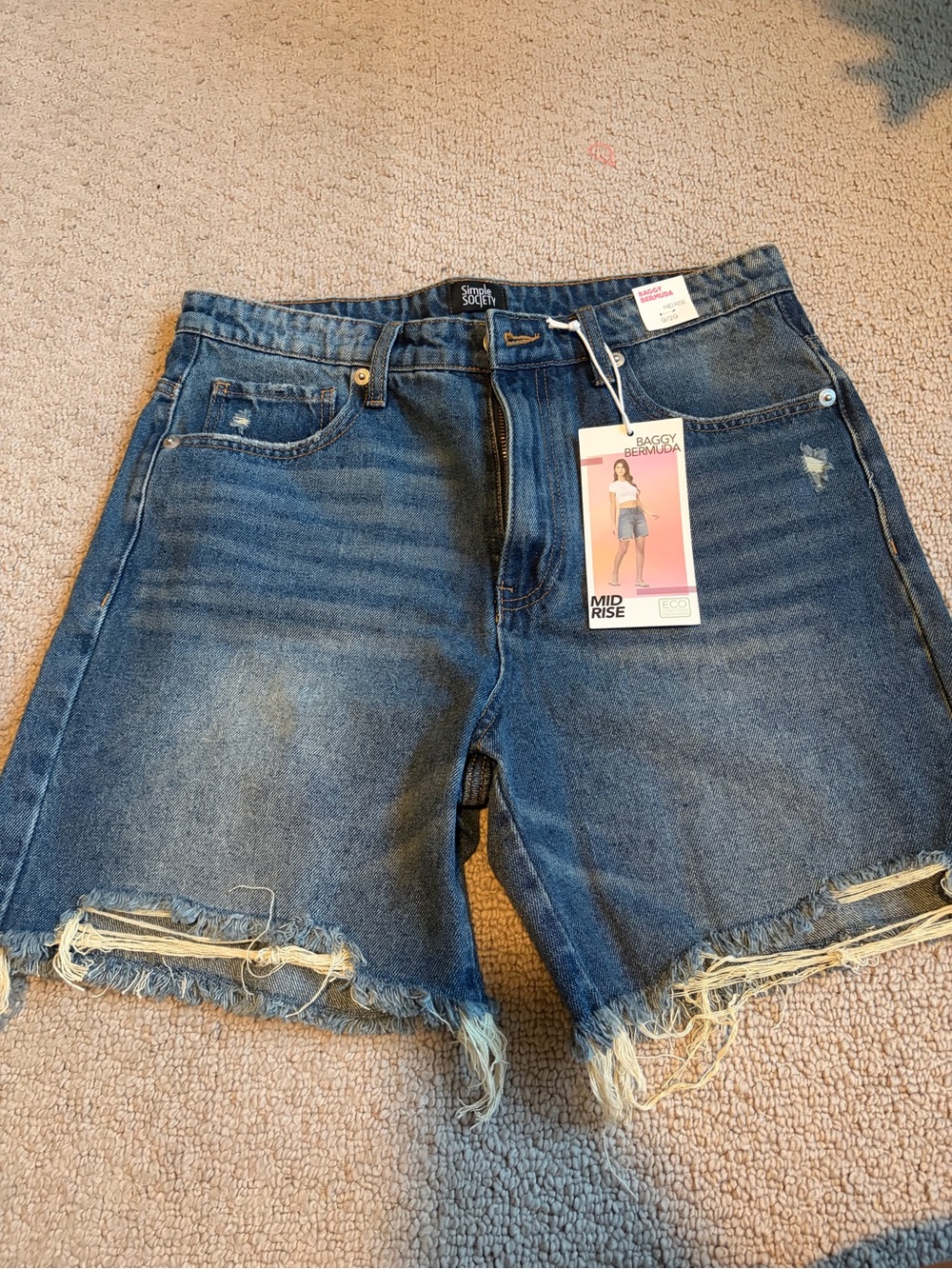 Simple Society Mid Rise Distressed Denim Bermuda Shorts - Blue